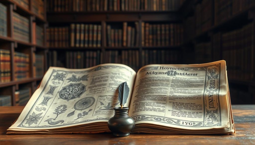 A beautifully aged manuscript spread open on a wooden table, showcasing intricate illustrations and mysterious text resembling the Voynich Manuscript. The foreground features warm, natural lighting that highlights the delicate, hand-drawn images of plants, astrology, and alchemical symbols. In the middle, an antique quill and ink pot rest beside the manuscript, suggesting a sense of historical significance and scholarly exploration. The background is softly blurred, revealing a dimly lit library with ancient wooden bookshelves, filled with leather-bound books, exuding an atmosphere of mystery and knowledge. The mood is contemplative and curious, inviting viewers to ponder the secrets of the manuscript's origins and its journey to Yale. A beautifully aged manuscript spread open on a wooden table, showcasing intricate illustrations and mysterious text resembling the Voynich Manuscript. The foreground features warm, natural lighting that highlights the delicate, hand-drawn images of plants, astrology, and alchemical symbols. In the middle, an antique quill and ink pot rest beside the manuscript, suggesting a sense of historical significance and scholarly exploration. The background is softly blurred, revealing a dimly lit library with ancient wooden bookshelves, filled with leather-bound books, exuding an atmosphere of mystery and knowledge. The mood is contemplative and curious, inviting viewers to ponder the secrets of the manuscript's origins and its journey to Yale.