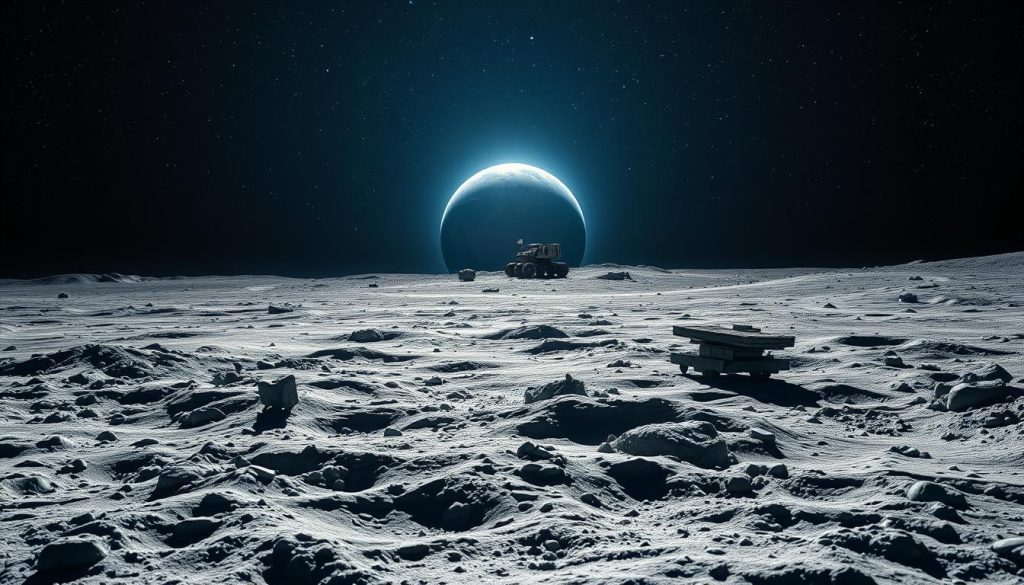 A breathtaking lunar landscape showcasing the surface of the Moon. In the foreground, detailed textures of moon dust and rocky terrain, with a small lunar rover exploring the rugged surface. In the middle ground, the iconic Earth rises above the horizon, casting a soft, ethereal blue glow across the scene. The background features a star-filled sky, with distant constellations twinkling against the darkness of space. The lighting is a dramatic contrast between the shadows of the lunar craters and the illuminated dust, adding depth to the composition. The mood is inspirational and futuristic, symbolizing humanity's exploration and legacy in space, reflecting the aspirations of upcoming missions like Artemis III and Chang’e. The perspective is from a low angle, emphasizing the vastness of the lunar landscape.