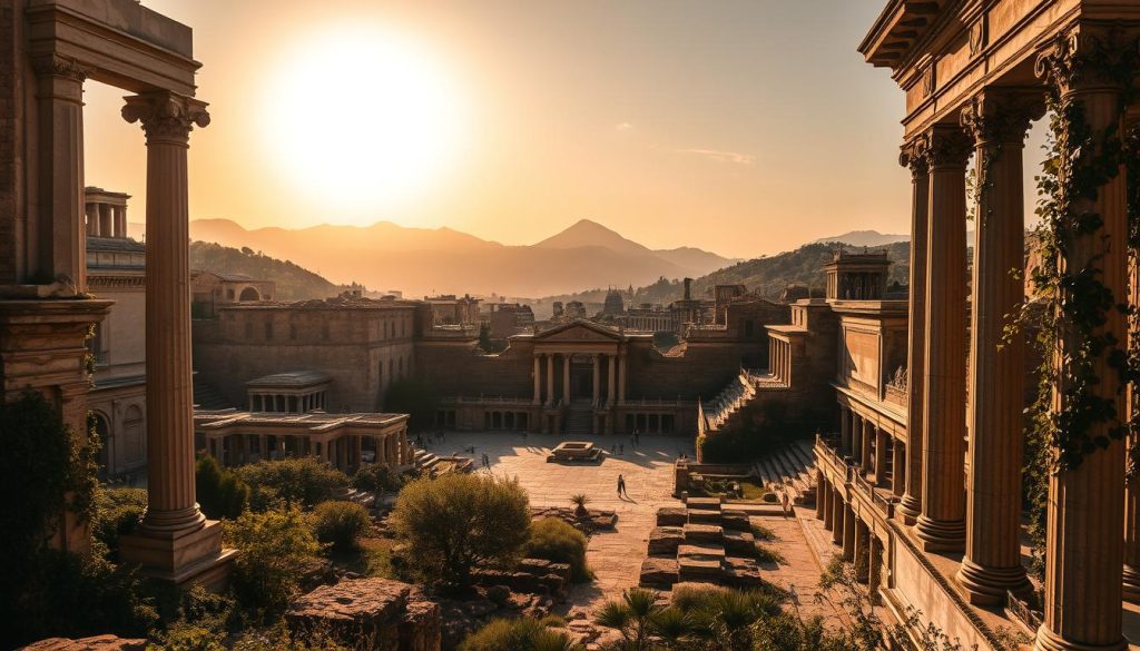 A breathtaking view of an ancient city, showcasing the grandeur of lost civilizations. In the foreground, detailed ruins with ornate columns and ivy overgrowth, hinting at their historical significance. The middle ground features a sun-drenched plaza with remnants of old marketplaces, where nature begins to reclaim the space, blending the past with the present. In the background, towering mountains and lush greenery create a dramatic skyline under a golden sunset, casting warm light across the scene. The atmosphere is a mix of mystery and nostalgia, inviting viewers to ponder the stories behind these once-thriving places. A soft, diffused light enhances the ancient textures, creating a serene and captivating mood. Capture this scene with a wide-angle lens, emphasizing depth and scale.