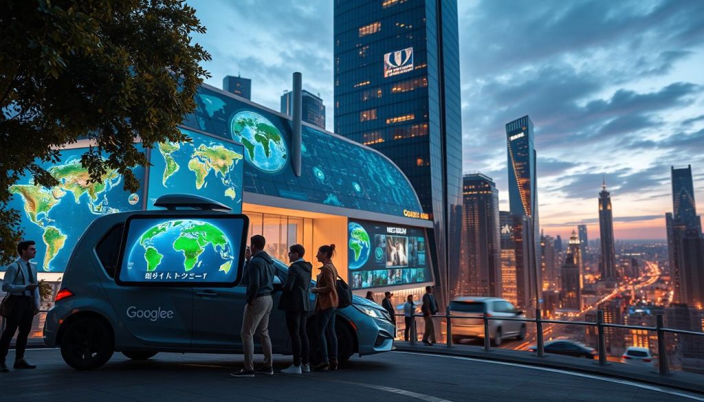 A captivating urban scene showcasing a vibrant cityscape with advanced visual technologies. In the foreground, a digital representation of Google Maps' Street View car with a 3D globe displayed on its monitor, surrounded by trees and urban dwellers in professional attire, pointing at the screen in curiosity. In the middle ground, a sleek, futuristic building features interactive digital maps on its walls, illuminated by warm lighting. The background showcases a breathtaking panoramic skyline with towering skyscrapers under a twilight sky, enhancing the mood of exploration and innovation. The atmosphere is dynamic and engaging, inviting a sense of discovery and technological advancement, captured with a wide-angle lens to emphasize depth and detail.