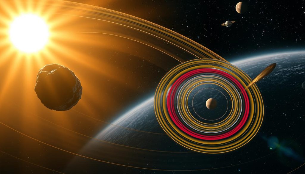 A celestial scene depicting colorful elliptical orbits around a bright, radiant sun. In the foreground, a detailed 3D representation of an asteroid and a comet is visible, each demonstrating their unique shapes and textures. The middle ground features multiple orbits of varying sizes, visually illustrating their trajectories in a dynamic spiraling pattern. The background presents a vast starry sky, with distant planets and sparkling stars adding depth and context. The lighting is dramatic, with the sunlight illuminating the orbits and casting soft shadows. The overall mood is awe-inspiring and educational, capturing the grandeur of the solar system's movement and the beauty of celestial mechanics.