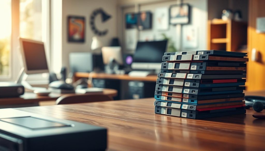 A collection of colorful floppy disks piled neatly on a polished wooden desk, with one disk slightly open, revealing its metallic inner part. In the foreground, a vintage computer drive sits, hinting at the era of analog technology. The middle ground showcases a softly blurred backdrop of a modern office, filled with contemporary gadgets and screens, contrasting the nostalgic floppy disks. Natural light filters through a nearby window, creating warm highlights and soft shadows, enhancing the scene’s inviting atmosphere. The mood is reflective and nostalgic, emphasizing the transition from past to present in technology. Use a shallow depth of field to focus on the floppy disks, capturing intricate details like labels and textures, while subtly blurring the background elements.