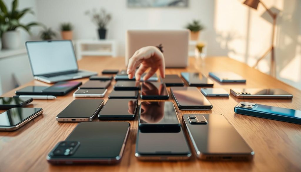 A collection of diverse smartphones displayed on a sleek wooden table. In the foreground, various models with different designs and colors, showcasing their unique features like curved screens and innovative camera setups. The middle ground features a blurred hand reaching towards one of the phones, emphasizing user interaction. In the background, a softly lit modern workspace with minimalistic decor, including a laptop and some plant elements, creating a harmonious atmosphere. Warm, natural lighting casts gentle shadows, enhancing the sleekness of the devices. The overall mood is dynamic and inviting, capturing the essence of innovation and accessibility in the world of smartphones. The scene is composed from a slightly low angle to emphasize the technology while keeping it professional and engaging. A collection of diverse smartphones displayed on a sleek wooden table. In the foreground, various models with different designs and colors, showcasing their unique features like curved screens and innovative camera setups. The middle ground features a blurred hand reaching towards one of the phones, emphasizing user interaction. In the background, a softly lit modern workspace with minimalistic decor, including a laptop and some plant elements, creating a harmonious atmosphere. Warm, natural lighting casts gentle shadows, enhancing the sleekness of the devices. The overall mood is dynamic and inviting, capturing the essence of innovation and accessibility in the world of smartphones. The scene is composed from a slightly low angle to emphasize the technology while keeping it professional and engaging.