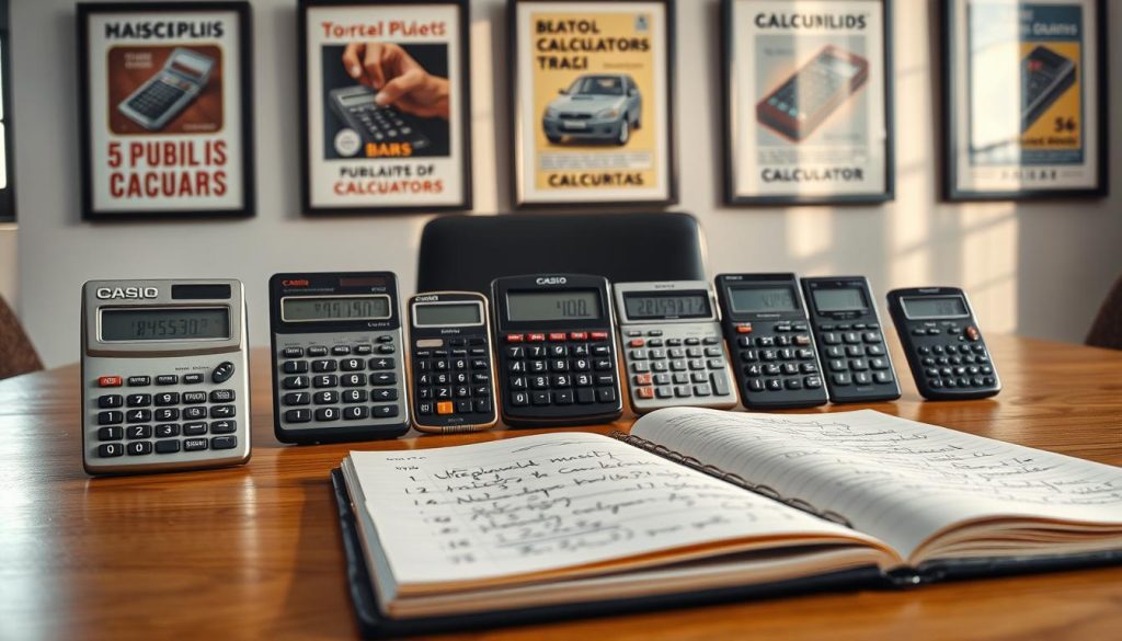 A collection of vintage and modern pocket calculators displayed on a wooden desk in an office setting. The foreground features a classic Casio calculator alongside a sleek, contemporary model, showcasing the evolution of design. In the middle ground, an open notebook filled with handwritten calculations hints at their practical uses in everyday life. The background showcases an office wall adorned with framed images of historic advertisements for calculators in Brazil. Soft, natural light enters through a nearby window, casting gentle shadows on the desk, creating a professional and warm atmosphere. The angle is slightly elevated, capturing the essence of the calculators as tools bridging personal and professional life.