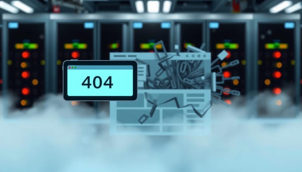 A conceptual illustration representing the common causes of a 404 error. In the foreground, a stylized digital display shows an error message with a broken link symbol. The middle ground features a fragmented web page layout with broken links and a swirling vortex of URL codes. The background includes a subtle, blurred depiction of a server room with blinking lights and network cables, evoking the complexity of internet connections. Soft, diffused lighting creates a serious yet intriguing atmosphere, suggesting confusion and complexity. The color palette should include tones of blue and gray for a tech-inspired feel. The image should have a clean, modern look without any text or overlays.