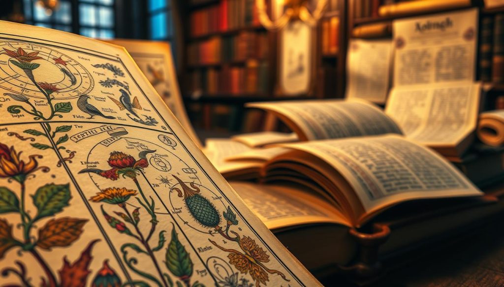 A detailed collection of illustrations inspired by the enigmatic Voynich Manuscript, featuring intricate botanical drawings, celestial diagrams, and strange symbols. In the foreground, a close-up of a colorful section showing mysterious plants with elaborate labels, seamlessly blending fantasy and reality. The middle ground displays an array of softly illuminated pages filled with swirling text in an ornate script, some pages turned to reveal hidden gems. The background is a blurred library setting with ancient tomes and scrolls hinting at an air of mystery. The lighting is warm and soft, creating a captivating and enigmatic atmosphere. The composition should evoke curiosity and invite viewers to explore the fascinating world within the manuscript, without any text or distractions. A detailed collection of illustrations inspired by the enigmatic Voynich Manuscript, featuring intricate botanical drawings, celestial diagrams, and strange symbols. In the foreground, a close-up of a colorful section showing mysterious plants with elaborate labels, seamlessly blending fantasy and reality. The middle ground displays an array of softly illuminated pages filled with swirling text in an ornate script, some pages turned to reveal hidden gems. The background is a blurred library setting with ancient tomes and scrolls hinting at an air of mystery. The lighting is warm and soft, creating a captivating and enigmatic atmosphere. The composition should evoke curiosity and invite viewers to explore the fascinating world within the manuscript, without any text or distractions.