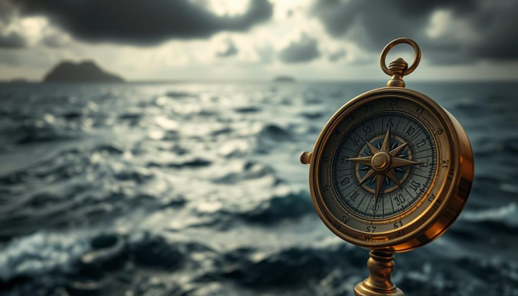A detailed compass with intricate engravings and a polished brass finish, prominently displayed in the foreground, symbolizing navigation. In the middle ground, depict turbulent ocean waters with swirling currents, evoking a sense of mystery and danger related to the Bermuda Triangle. Include faint outlines of islands or fog in the background to enhance the enigmatic atmosphere. The lighting should be dramatic, with the soft glow of sunlight filtering through dark clouds, casting shadows on the compass to enhance its importance. The angle should be slightly above eye-level, offering a perspective that draws the viewer into the scene, creating tension and intrigue, while emphasizing the contrast between the compass's clarity and the chaos of the ocean.