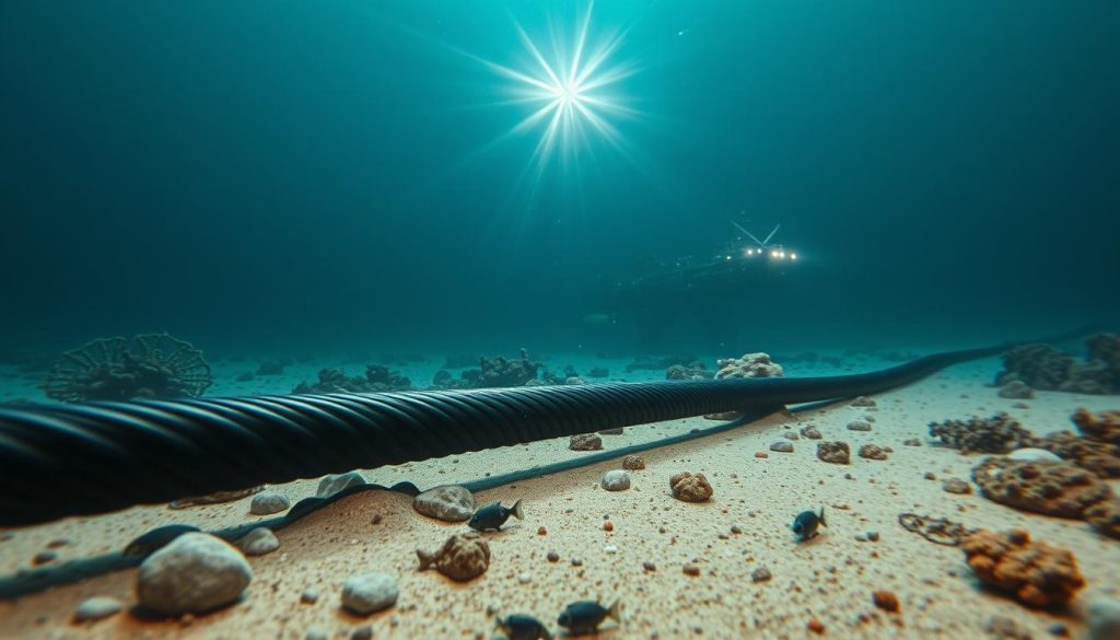 A detailed underwater scene depicting the ocean floor as a habitat for submarine cables. In the foreground, a robust submarine cable lies on the seabed, surrounded by small rocks and sandy textures. The middle ground features diverse marine life, such as fish and coral, coexisting with the cable, illustrating the interaction between technology and nature. In the background, a faint silhouette of a deep-sea exploration vehicle hovers, emitting soft beams of light that illuminate the scene, creating a sense of depth. The lighting should be dramatic and moody, showcasing the contrast between the dark depths of the ocean and the brightness of the cable. The overall atmosphere is mysterious yet vital, embodying the importance of underwater infrastructure and its maintenance.