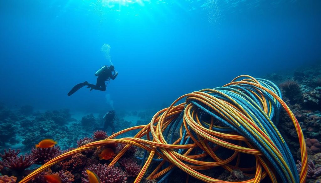 A detailed underwater scene illustrating submarine cables intertwining along the ocean floor, showcasing their capacity and structure. In the foreground, focus on a section of robust, multi-colored submarine cables surrounded by vibrant marine life. The middle ground should depict divers in professional diving gear carefully inspecting the cables, emphasizing the human aspect of infrastructure maintenance. The background features a deep blue ocean gradient with soft rays of sunlight filtering through the water, creating a tranquil atmosphere. Use a wide-angle lens to capture the expansive underwater environment, and implement soft, diffused lighting to enhance the serene mood. This composition highlights the technological marvels of submarine cable systems connecting continents, embodying both investment and longevity in internet infrastructure.