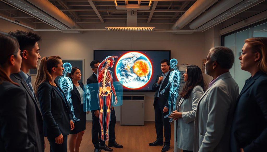 A diverse group of individuals representing various ages and ethnicities is gathered in a spacious, modern laboratory, dressed in professional business attire. They are engaged in a discussion about the effects of gravity loss on the human body, using holographic displays showcasing muscular and skeletal systems. In the background, a sleek digital screen illustrates planetary changes, with a vibrant Earth and a glowing solar core depicted. The warm, focused lighting casts soft shadows, enhancing the scientific atmosphere. The camera angle is slightly elevated, providing a comprehensive view of both the engaged individuals and the advanced technology, instilling a sense of urgency and curiosity about this hypothetical scenario. The overall mood is one of exploration and inquiry. A diverse group of individuals representing various ages and ethnicities is gathered in a spacious, modern laboratory, dressed in professional business attire. They are engaged in a discussion about the effects of gravity loss on the human body, using holographic displays showcasing muscular and skeletal systems. In the background, a sleek digital screen illustrates planetary changes, with a vibrant Earth and a glowing solar core depicted. The warm, focused lighting casts soft shadows, enhancing the scientific atmosphere. The camera angle is slightly elevated, providing a comprehensive view of both the engaged individuals and the advanced technology, instilling a sense of urgency and curiosity about this hypothetical scenario. The overall mood is one of exploration and inquiry.