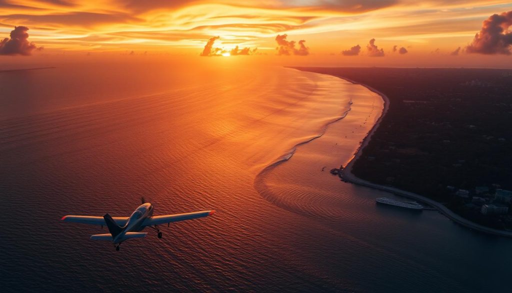 A dramatic aerial view of Fort Lauderdale, showcasing the infamous "Voo 19" flight path, capturing the essence of the Bermuda Triangle mystery. In the foreground, a small, vintage aircraft fades into the horizon, its silhouette suggesting an enigmatic journey. The middle ground highlights the shimmering waters of the Atlantic Ocean, with a hint of swirling currents, symbolizing the allure and danger of the region. In the background, the lush Florida coastline stretches under a vibrant sunset, with rich oranges and deep purples blending into the sky, casting a mysterious glow. Soft rays of light enhance the atmosphere, evoking curiosity and suspense. The mood should be surreal yet captivating, inviting viewers to ponder the legendary stories associated with this intriguing locale.