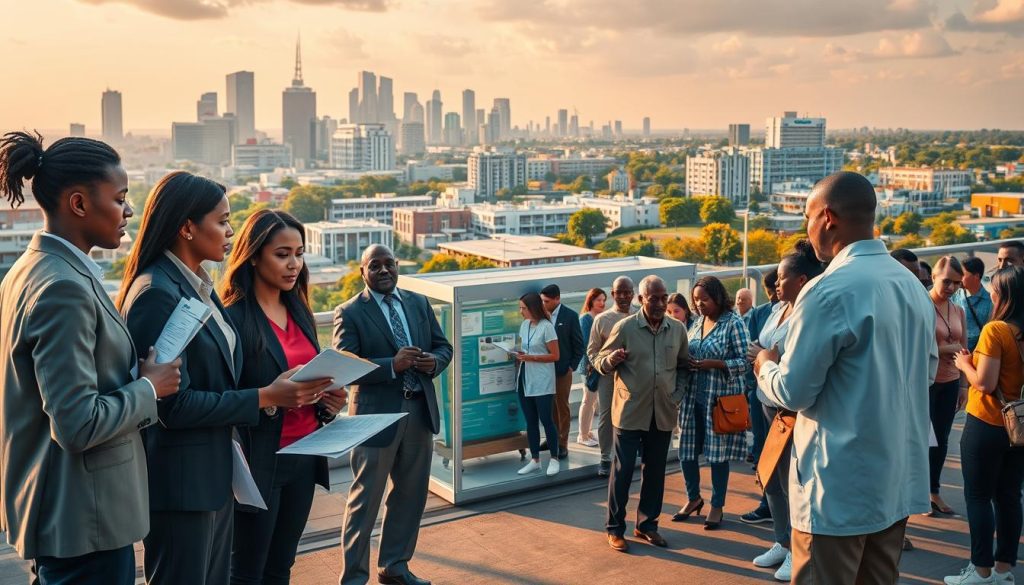 A dynamic scene illustrating social and economic impacts on public health, access, and equity. In the foreground, a diverse group of professionals in business attire engage in discussion, holding charts and medical supplies, symbolizing collaboration and innovation. In the middle ground, a community health center bustling with activity, featuring people of various ages receiving care and information, representing improved access to health services. The background showcases a city skyline with hospitals, pharmacies, and green spaces, highlighting urban development and community support. The atmosphere is hopeful and energetic, illuminated by warm, natural lighting. The angle is slightly elevated, offering a comprehensive view of the scene with a sense of inclusion and progress.