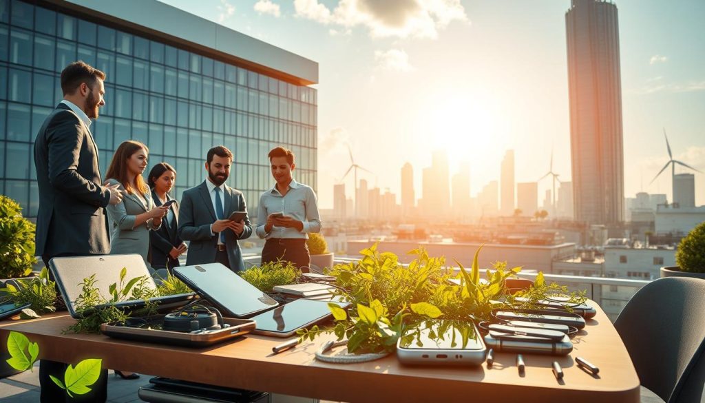 A futuristic urban landscape showcasing innovative technology and sustainable practices. In the foreground, a diverse group of professionals in business attire discuss concepts of responsible electronic waste disposal over a table filled with eco-friendly gadgets. The middle ground features sleek, advanced smartphones surrounded by greenery, highlighting their recyclable nature. In the background, a modern city skyline is bathed in warm sunlight, with solar panels and wind turbines visible on rooftops, symbolizing sustainable energy. The scene captures a hopeful atmosphere, emphasizing a harmonious relationship between technology and nature. Use a wide-angle lens to create depth, with bright, natural lighting to enhance the vibrant colors and futuristic feel. A futuristic urban landscape showcasing innovative technology and sustainable practices. In the foreground, a diverse group of professionals in business attire discuss concepts of responsible electronic waste disposal over a table filled with eco-friendly gadgets. The middle ground features sleek, advanced smartphones surrounded by greenery, highlighting their recyclable nature. In the background, a modern city skyline is bathed in warm sunlight, with solar panels and wind turbines visible on rooftops, symbolizing sustainable energy. The scene captures a hopeful atmosphere, emphasizing a harmonious relationship between technology and nature. Use a wide-angle lens to create depth, with bright, natural lighting to enhance the vibrant colors and futuristic feel.