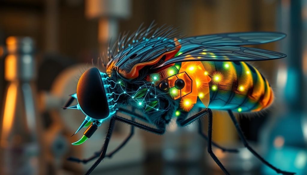 A highly detailed, cross-sectional view of an adult fly's brain, showcasing intricate neural structures and pathways. Foreground features vibrant neural connections in brilliant hues of blue and green, highlighting synapses with glowing points of light. The middle ground presents a semi-transparent depiction of the brain with select areas illuminated to emphasize activity, rendered in realistic detail with fine textures. The background is softly blurred, suggesting a laboratory environment filled with scientific instruments and soft lighting that enhances the image's clarity. The atmosphere is one of discovery and innovation, creating a sense of wonder about the complexities of the fly's brain. Use a macro lens perspective to capture the tiny intricacies, with a warm and inviting color palette.