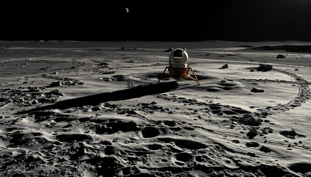 A highly detailed lunar landscape showcasing the imprints and remnants of the Apollo 11 mission, focusing on the lunar module's landing site. In the foreground, capture the textured regolith with distinct footprints and tool marks left by astronauts, illuminated by the stark, harsh light of the sun casting long shadows. In the middle ground, include the iconic lunar module, perfectly intact, with its reflective surfaces glinting against the barren landscape. The background features the desolate expanse of the moon with distant craters and Earth visible as a small blue orb in the sky. Utilize a high-resolution imagery style, portraying the scene with a sense of calmness and exploration, reminiscent of a scientific documentation. The overall atmosphere should evoke wonder and intrigue about lunar exploration.