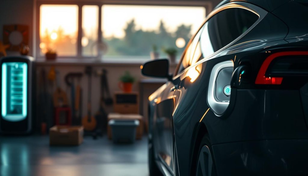 A modern electric car, such as a Tesla, plugged into a sleek home charging station, positioned in a cozy garage with soft ambient lighting. In the foreground, the car's charging port is illuminated, showcasing the connection between the vehicle and charger. The middle ground features organized tools and eco-friendly items, reflecting a sustainable lifestyle. In the background, a window shows a tranquil evening outside with greenery, hinting at both home charging convenience and travel potential. The scene should evoke a sense of innovation and comfort, highlighting the ease of recharging at home or on the go. Use a wide-angle lens to capture the entire setup, with warm, inviting light to enhance the atmosphere.