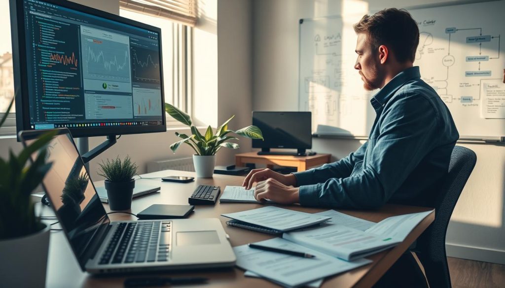 A modern workspace desk scene depicting a focused web developer analyzing data on a computer screen, with graphs and error codes visible. In the foreground, a hands-on approach is illustrated with tools like a laptop, notepad, and diagnostic manuals spread out. The middle ground features a well-organized desk with a potted plant for a touch of nature, next to a light source casting soft shadows, creating a calm atmosphere. The background encompasses a whiteboard filled with flowcharts and notes about website troubleshooting. Use natural daylight filtering through a window, enhancing the professional environment. The mood should be of concentration and problem-solving, devoid of distractions.