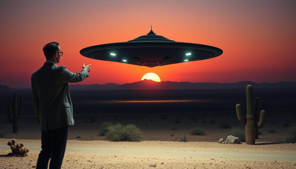 A mysterious alien spacecraft hovering above a vast desert landscape, reminiscent of Area 51, capturing a sense of intrigue and enigma. In the foreground, a silhouette of a scientist in a professional attire, pointing towards the craft, symbolizing investigation and analysis. The middle ground features barren terrain dotted with cacti and rocky formations, while the background showcases a stunning sunset, casting a warm orange and purple hue across the sky, illuminating the scene. Use a cinematic angle to enhance depth, with soft lighting illuminating the spacecraft, highlighting its sleek design and unusual features, while the scientist remains in shadow to convey anonymity. The atmosphere should feel suspenseful and thought-provoking, inviting viewers to ponder the secrets of the universe.