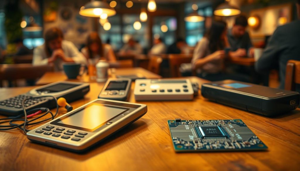 A nostalgic depiction of the evolution of mobile technology in the 90s, featuring a collection of vintage PDAs, an MP3 player, and an ARM microchip prominently displayed on a wooden tabletop. In the foreground, a sleek, early-model PDA with a stylus is open, showcasing a simple interface. Beside it, a compact MP3 player with a few colorful earbuds tangled nearby. In the middle ground, an ARM chip is isolated on a piece of high-tech circuit board with intricate details, surrounded by a soft blue light that highlights its features. The background is a blurred scene of a busy coffee shop, with people using various early mobile devices in a cozy, nostalgic atmosphere. The lighting is warm and inviting, evoking a sense of the past while focusing on the advancements in mobility and technology. A nostalgic depiction of the evolution of mobile technology in the 90s, featuring a collection of vintage PDAs, an MP3 player, and an ARM microchip prominently displayed on a wooden tabletop. In the foreground, a sleek, early-model PDA with a stylus is open, showcasing a simple interface. Beside it, a compact MP3 player with a few colorful earbuds tangled nearby. In the middle ground, an ARM chip is isolated on a piece of high-tech circuit board with intricate details, surrounded by a soft blue light that highlights its features. The background is a blurred scene of a busy coffee shop, with people using various early mobile devices in a cozy, nostalgic atmosphere. The lighting is warm and inviting, evoking a sense of the past while focusing on the advancements in mobility and technology.