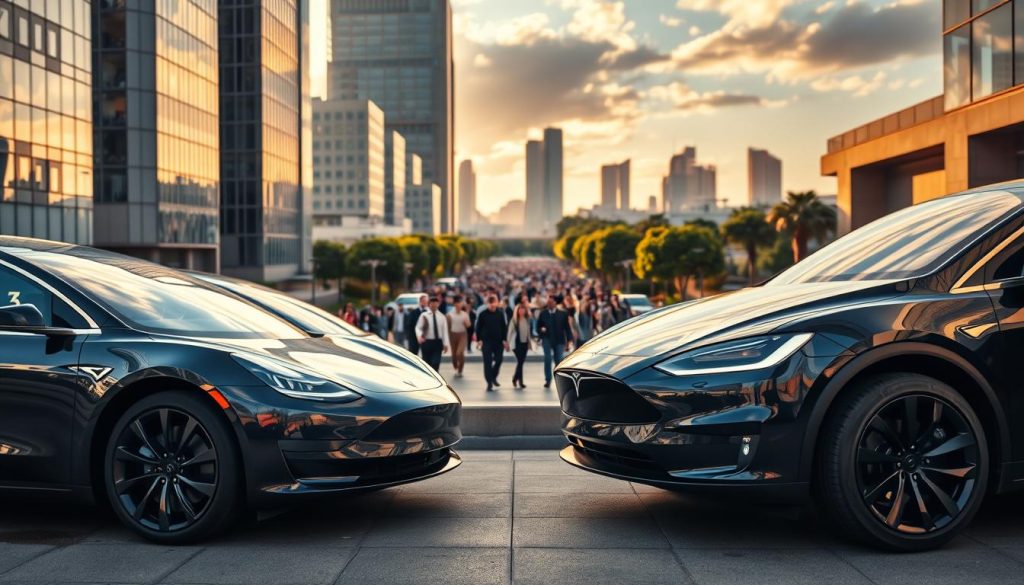 A sleek Tesla Model 3, Model Y, Model S, and Model X parked side by side in a modern urban setting, showcasing their distinct designs and features. The foreground highlights the shiny finishes and aerodynamic curves of each model, capturing the reflection of city lights on their surfaces. In the middle ground, a busy street scene unfolds, bustling with people in professional business attire, emphasizing the cars' appeal to a contemporary lifestyle. The background features a skyline with a mix of skyscrapers and green spaces, bathed in warm, late afternoon sunlight that casts soft shadows. Shot from a low angle to enhance the grandeur of the vehicles, the atmosphere is energetic yet inviting, symbolizing the future of electric vehicles.
