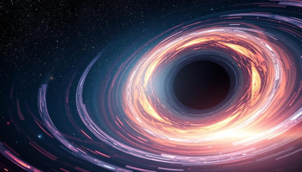 A stunning cosmic scene illustrating "Gaia BH1," the closest black hole to Earth, set against a backdrop of the Milky Way. In the foreground, depict a swirling accretion disk with vibrant colors, illustrating the material spiraling into the black hole. The middle ground should feature a clear, dark void representing Gaia BH1, with light bending around it, creating an eerie luminosity. The background is filled with countless distant stars and nebulae, bathed in soft, ethereal lighting that enhances the vastness of space. Use a wide-angle lens perspective to capture the grandeur of the galaxy. The atmosphere should feel mysterious and awe-inspiring, inviting viewers to ponder the wonders of the universe and our place within it.