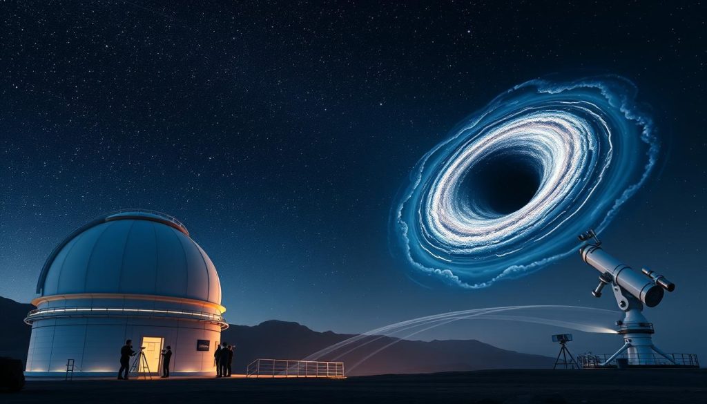 A stunning visualization of the Gaia space observatory with a backdrop of galaxies and stars. In the foreground, a modern observatory dome glows under a starry sky, while astronomers in professional attire are engaged with advanced telescopes. The middle ground features the Gemini North telescope, casting beams of light as it scans the cosmos. In the background, a brilliant representation of a black hole accompanied by swirling cosmic dust highlights its enigmatic nature. Soft, ethereal light filters through the scene, creating a sense of wonder and mystery. The ambiance is serene but charged with the excitement of discovery, capturing the essence of astronomical exploration and innovation.