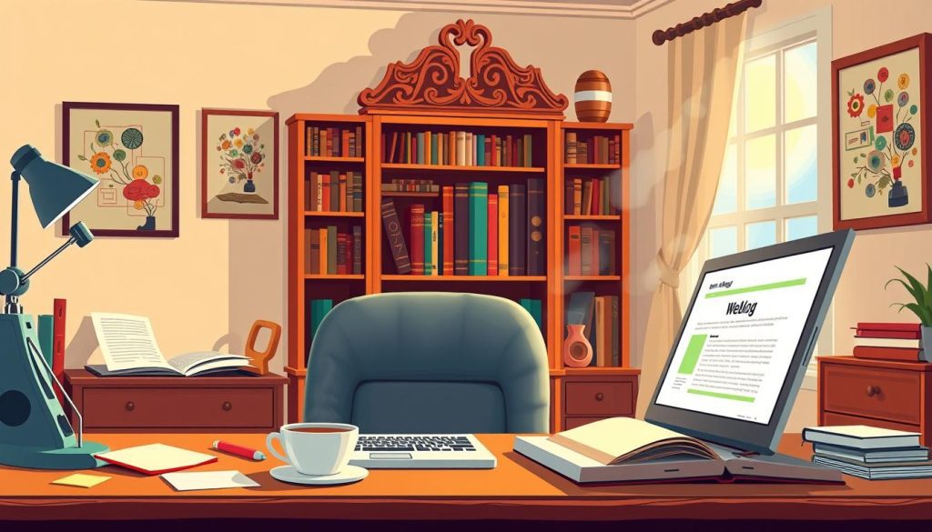 A stylized illustration depicting the concept of a "weblog." In the foreground, a retro-style desk with a vintage laptop open, displaying a webpage with early blogging aesthetics, surrounded by colorful sticky notes, a steaming cup of coffee, and a few open books about technology and writing. In the middle, a warm wooden bookshelf filled with books about internet history. In the background, a cozy home office environment with soft diffused lighting, ornate wall decorations featuring abstract art representing digital communication, and a window that gently filters in natural sunlight. The mood is inviting and nostalgic, reflecting the evolution of online communication and personal expression through blogging.