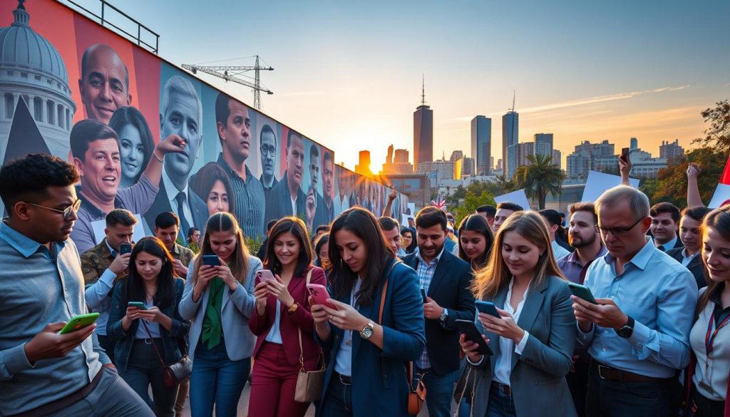 A vibrant and dynamic scene showcasing the intersection of memes, politics, and activism in a modern urban setting. In the foreground, a diverse group of individuals, dressed in smart casual attire, enthusiastically engage with their smartphones, surrounded by vivid, oversized meme graphics interspersed with symbols of political movements. The middle ground features a bold mural depicting famous meme characters blended with iconic political imagery, casting a sense of cultural commentary. In the background, a city skyline is illuminated by the warm glow of sunset, creating a hopeful yet rebellious atmosphere. The lighting is bright but soft, evoking a sense of optimism. The angle is slightly tilted, adding a sense of action and energy to the composition.