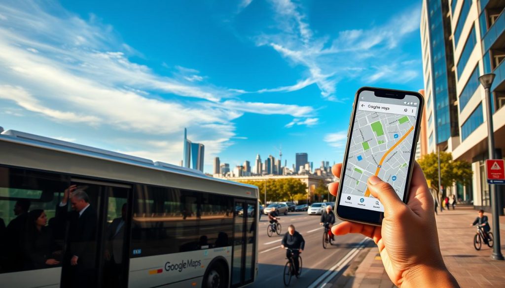 A vibrant city landscape showcasing an urban public transportation system in action. In the foreground, a modern bus with passengers boarding at a bus stop, reflecting diverse individuals in business attire and modest casual clothing. The middle ground features a busy street with bicycles and pedestrians navigating through the area, along with a digital display of Google Maps interface on a phone held by a person. In the background, a sprawling skyline with recognizable city landmarks under a clear blue sky, bathed in soft sunlight, creating an inviting atmosphere. The composition captures the efficiency and connectivity of public transit while emphasizing the convenience of using Google Maps for navigating routes and schedules. The angle should be slightly elevated, highlighting the vibrancy of urban life and the role of technology in daily commutes.
