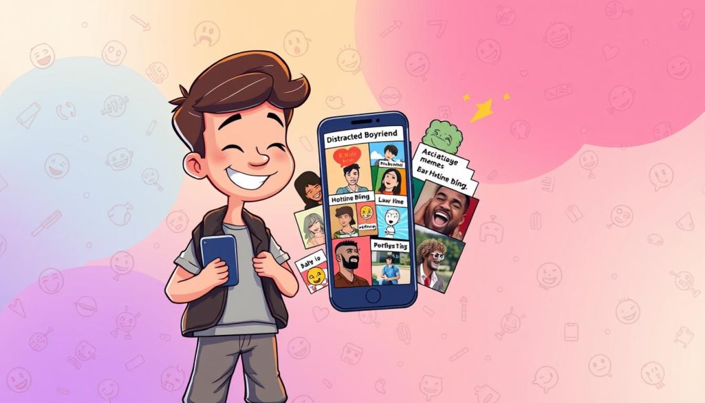 A vibrant, humorous illustration depicting various iconic humor memes in a collage style. In the foreground, a smiling cartoon character, dressed in casual attire, reacts joyfully to a smartphone displaying popular memes. The middle layer features a burst of colorful meme images, showcasing classic expressions and humorous scenarios, like the “Distracted Boyfriend” and “Drake Hotline Bling” memes. The background consists of a playful, abstract gradient that enhances the cheerful atmosphere, filled with patterns of laughing emojis and whimsical doodles. Soft, warm lighting adds a sense of liveliness, capturing the spirit of humor and the viral nature of internet culture. The angle should be slightly tilted to create a dynamic and engaging composition that invites the viewer to explore the world of memes.