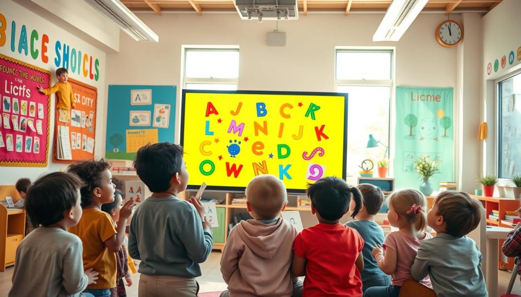 A vibrant scene depicting children joyfully engaging with a phonics song, set in a colorful classroom filled with educational posters and playful decorations. In the foreground, a diverse group of children, dressed in modest casual clothing, are gathered around a cheerful teacher who is playfully interacting with them, demonstrating phonics sounds using flashcards. The middle ground features a large screen displaying animated letters and characters that dance in rhythm to the song. In the background, sunlight streams through large windows, illuminating the room with a warm, inviting glow. The atmosphere is lively and energetic, capturing the excitement of learning through music. The angle is slightly elevated, giving a full view of the interaction and the animated visuals, creating an engaging and feel-good vibe.