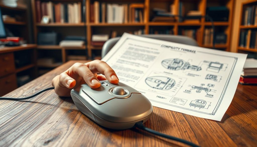 A vintage computer mouse, showcasing its original shape and design, rests on a textured wooden desk. In the foreground, a hand gently holds the mouse, fingers poised over the buttons, demonstrating its functionality. In the middle ground, a blueprint of the mouse design is partially visible, with technical diagrams illustrating its internal components and mechanisms. The background features a warm, softly lit office space, with shelves filled with books and vintage technology memorabilia, evoking a sense of innovation and nostalgia. The lighting is warm and inviting, casting soft shadows that enhance the details of the mouse. The overall mood is educational and inspiring, reflecting the significance of this groundbreaking invention.
