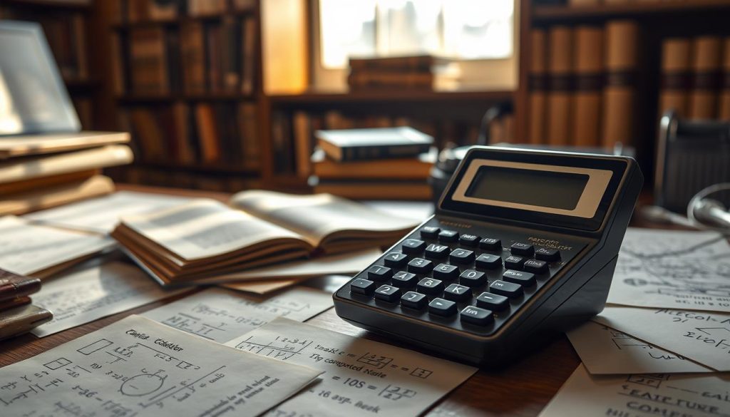 A vintage desk setting featuring an early pocket calculator from the 1970s, meticulously placed in the foreground. The calculator should have a sleek, retro design with a small LCD display and black buttons, showcasing its historical significance. Surrounding it, scattered papers adorned with mathematical equations and sketches of early computing technology create an authentic atmosphere. In the background, softly blurred, there are bookshelves lined with yellowed books on computing history. Natural light streams in through a nearby window, casting gentle shadows that evoke a sense of nostalgia and wonder. The overall mood should be one of curiosity and exploration, inviting viewers to delve into the intriguing origins of pocket calculators.