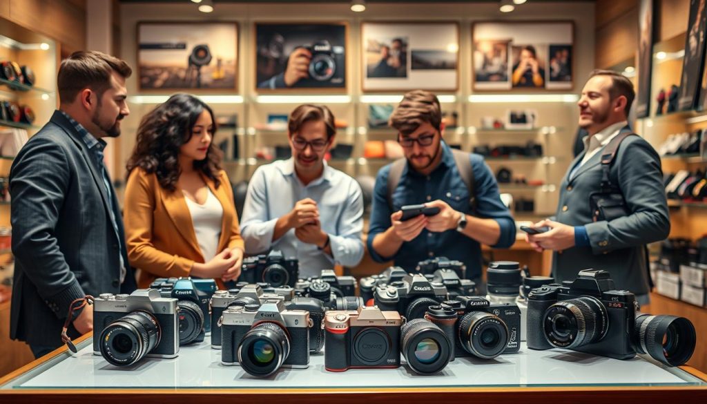 A visually striking scene illustrating the process of choosing a camera. In the foreground, a diverse group of four individuals, dressed in smart casual attire, engage in discussion while examining various camera models displayed on a table. The middle focus features an array of stylish cameras with varying designs, from compact point-and-shoots to professional DSLRs, highlighting different lens sizes and features. The background depicts a softly lit electronics store or photography shop, with shelves lined with photography accessories and framed photos showcasing different photography styles. A warm, inviting atmosphere emphasizes the excitement of discovering the right camera, with soft reflections of light enhancing the vibrancy of the displayed cameras.