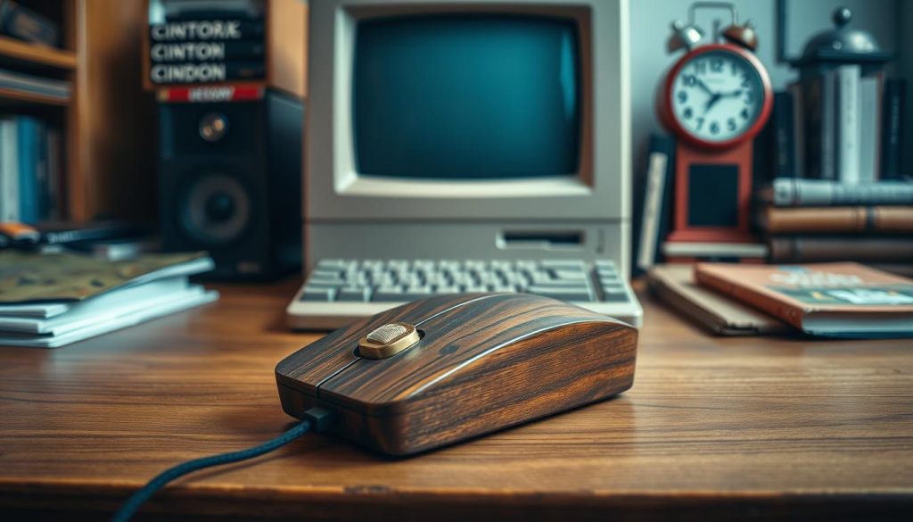 A wooden computer mouse, showcasing its iconic rectangular shape, rests on a vintage wooden desk. The foreground features the mouse crafted from dark polished wood, with two distinct buttons and a scroll wheel made of brass. The middle background reveals an early Macintosh computer with a monochrome display, highlighting the mouse's connection to groundbreaking technology. A soft, warm light illuminates the scene, creating an inviting atmosphere reminiscent of the 1980s tech revolution. The background fades into a cozy office environment with retro details, such as an analog clock and books on computer history. Capture this nostalgic moment with a slight top-down angle, reflecting innovation and the evolution of technology in a harmonious blend of past and present.