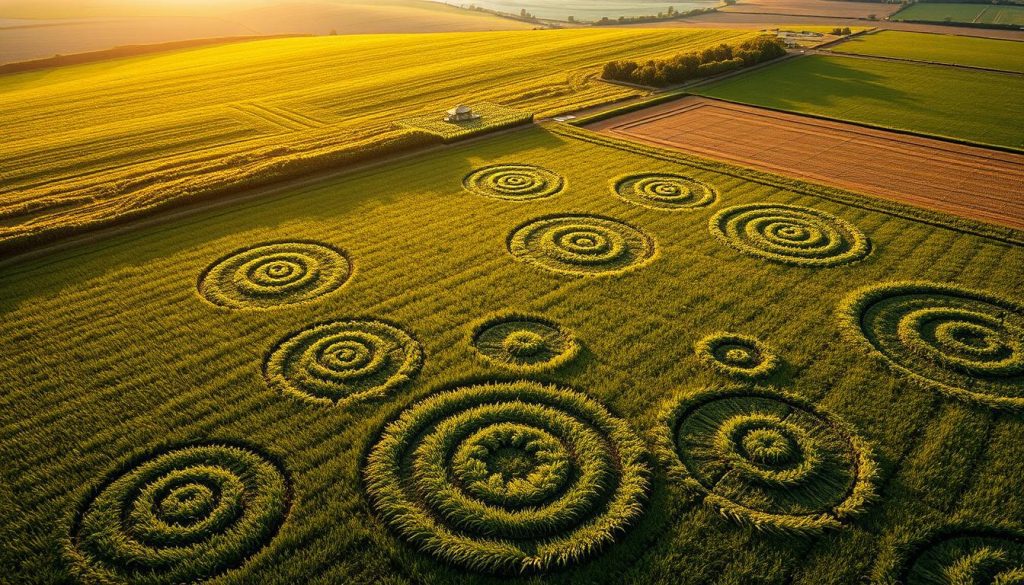 Aerial view of a lush green field featuring intricate crop circles, representing centuries of agricultural mystery and history. The foreground highlights vibrant, swirling patterns of freshly cut wheat or barley that form various circle shapes, with some areas featuring spiral designs. The middle ground showcases a slight undulation of the landscape, hinting at the passage of time, with patches of darker soil revealing historical plowing. In the background, a soft golden sunset bathes the scene in warm light, casting long shadows across the field. The atmosphere is serene yet enigmatic, inviting curiosity about the origins of these formations. The image is captured with a wide-angle lens to emphasize the vastness of the field, creating a sense of scale and wonder.