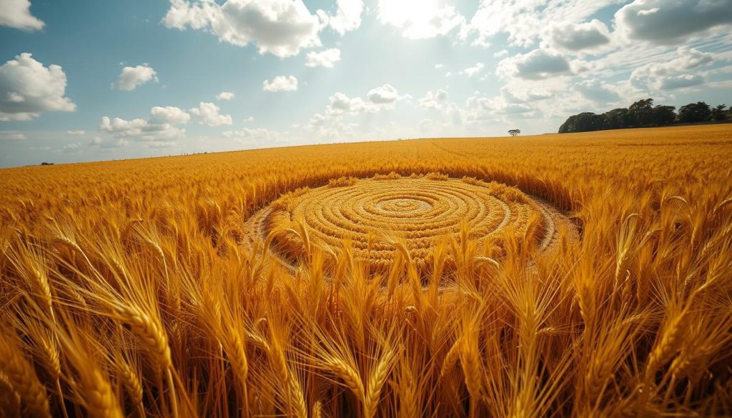 Aerial view of an intricate agroglifo in a golden wheat field, showcasing a large circular design meticulously formed by the wheat stalks. In the foreground, tall, lush wheat sways gently in the breeze, reflecting sunlight in warm hues of gold and brown. The middle ground emphasizes the detailed patterns of the agroglifo, with concentric circles and spirals carved into the field, displaying the precision of the design. The background features a soft, blue sky scattered with fluffy white clouds, enhancing the serene atmosphere of the scene. The image is captured with a drone camera, creating a sense of depth and perspective, illuminating the agricultural wonder with natural light that highlights the textures of the wheat and the artistry of the formation.