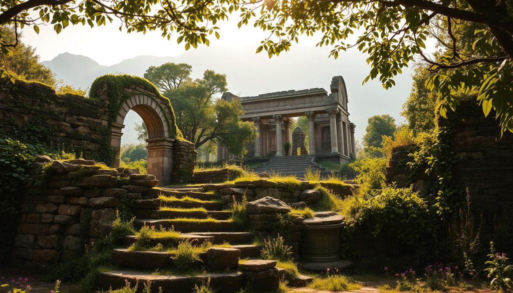 Ancient ruins of a lost city, overgrown with lush green vines and wildflowers, creating a mystical atmosphere. In the foreground, crumbling stone structures hint at a grand past, while moss covers the steps leading to a weathered archway. The middle ground features a collapsed temple partially obscured by trees, with intricate carvings still visible on the stone walls, hinting at a once-thriving civilization. In the background, a soft mist envelops distant mountains, enhancing the sense of mystery. The scene is illuminated by warm, golden sunlight filtering through the leaves, casting dappled shadows on the ground. The mood is serene and contemplative, evoking a sense of wonder at the forgotten history of these once-great cities. Use a wide-angle lens for a sweeping view, emphasizing the vastness of the ruins.