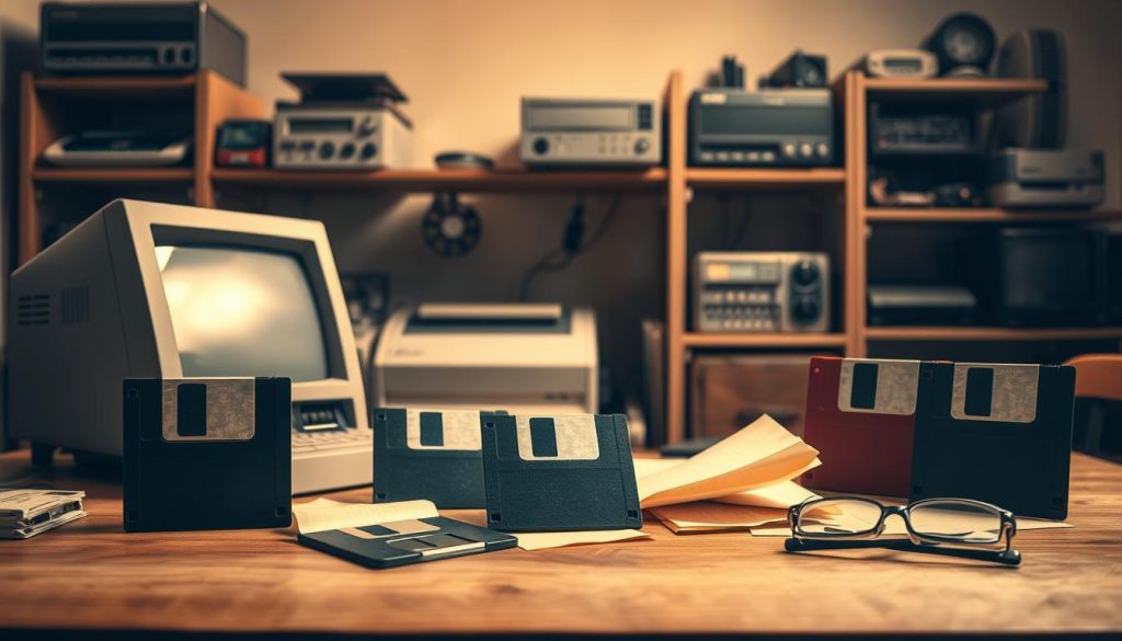 Floppy disks arranged in a nostalgic still life composition, showcasing a variety of sizes and colors, each displaying distinct labels and worn textures. In the foreground, an open wooden desk with a vintage computer, illuminated by soft, warm overhead lighting that casts gentle shadows, creating a cozy atmosphere. The middle ground features a few disks scattered casually among yellowed papers and a pair of reading glasses, hinting at their once-common usage. In the background, shelves filled with retro tech devices like an old printer and outdated peripherals evoke a sense of nostalgia. The entire scene is captured from a slightly elevated angle, drawing attention to the floppy disks as the focal point, inviting viewers to reflect on their relevance in a modern world.